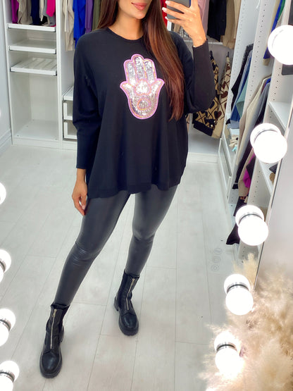 Ela Sequin Hamsa Hand Drop Sleeve Knit Top