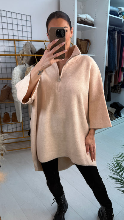 Pria Plain Loose Fit Longline Zip Front Jumper