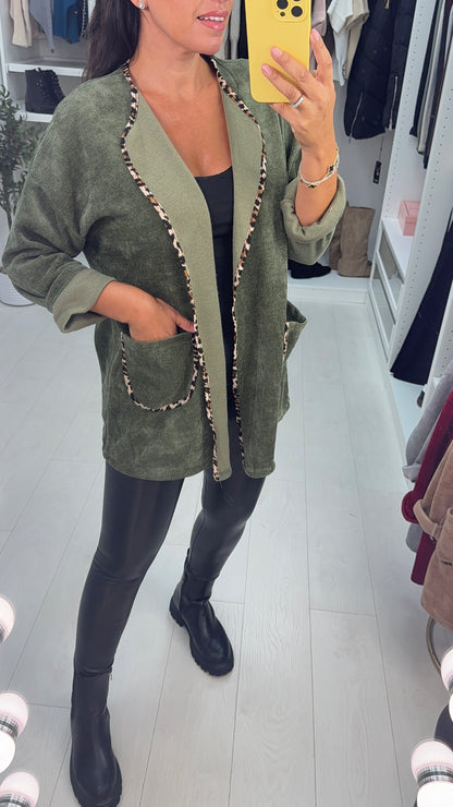 Dani Plain Leopard Print Trim Corduroy Open Front Cardigan