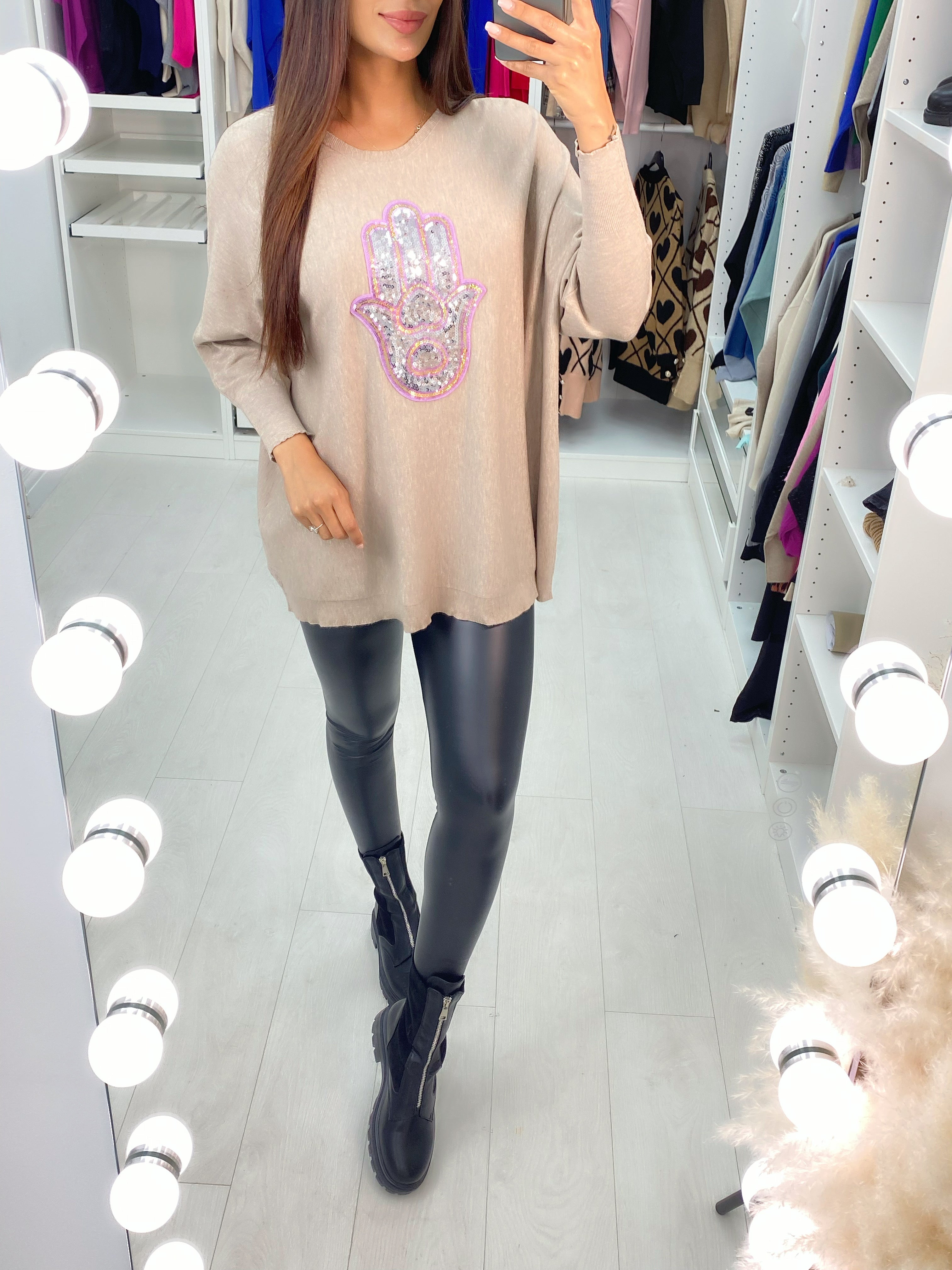 Ela Sequin Hamsa Hand Drop Sleeve Knit Top