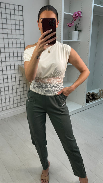Hida Plain Lace Trim One Shoulder Top