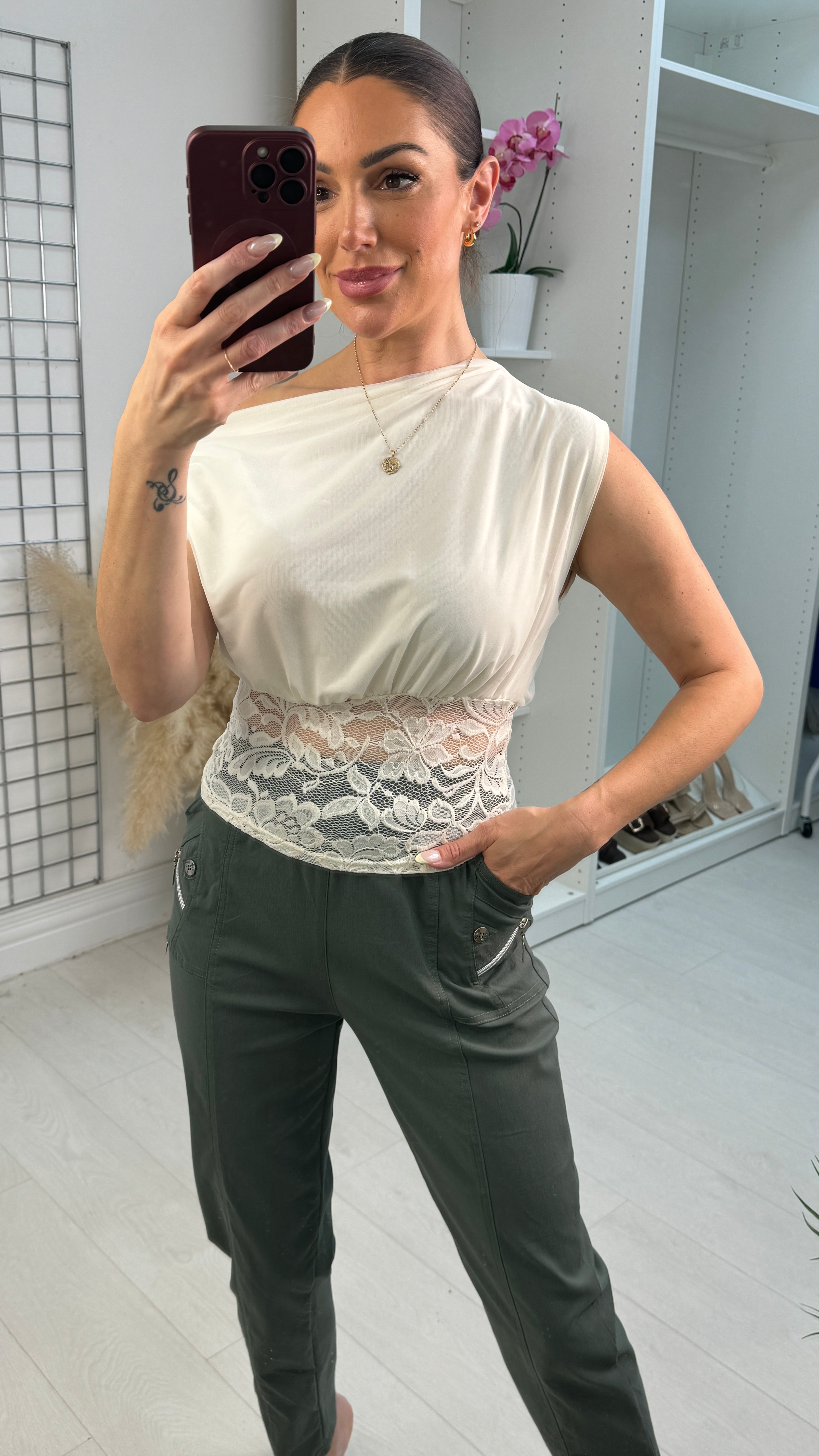 Hida Plain Lace Trim One Shoulder Top
