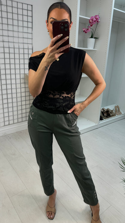 Hida Plain Lace Trim One Shoulder Top