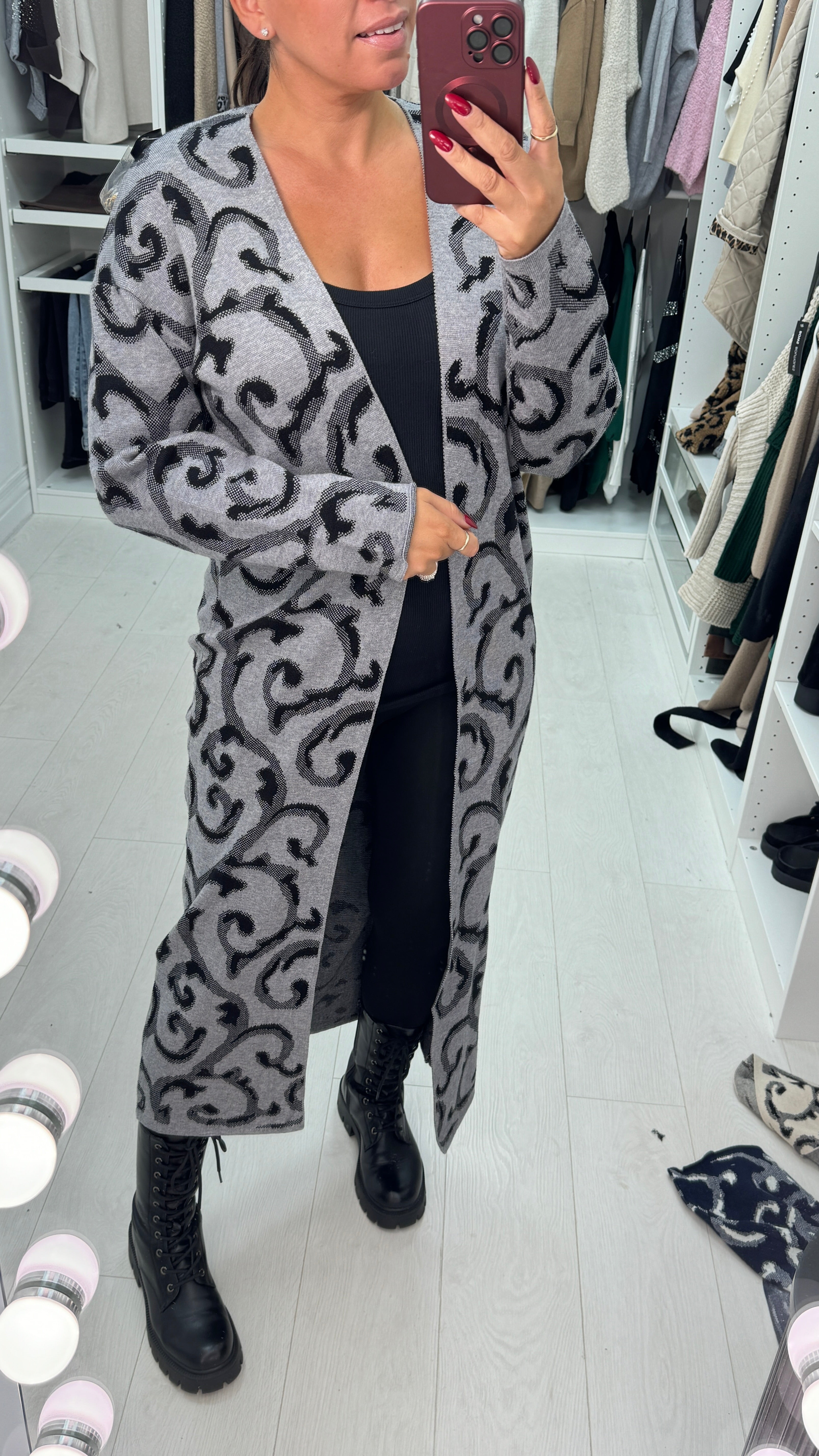 Aldoree Abstract Print Brooch Detail Longline Cardigan