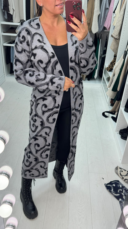 Aldoree Abstract Print Brooch Detail Longline Cardigan