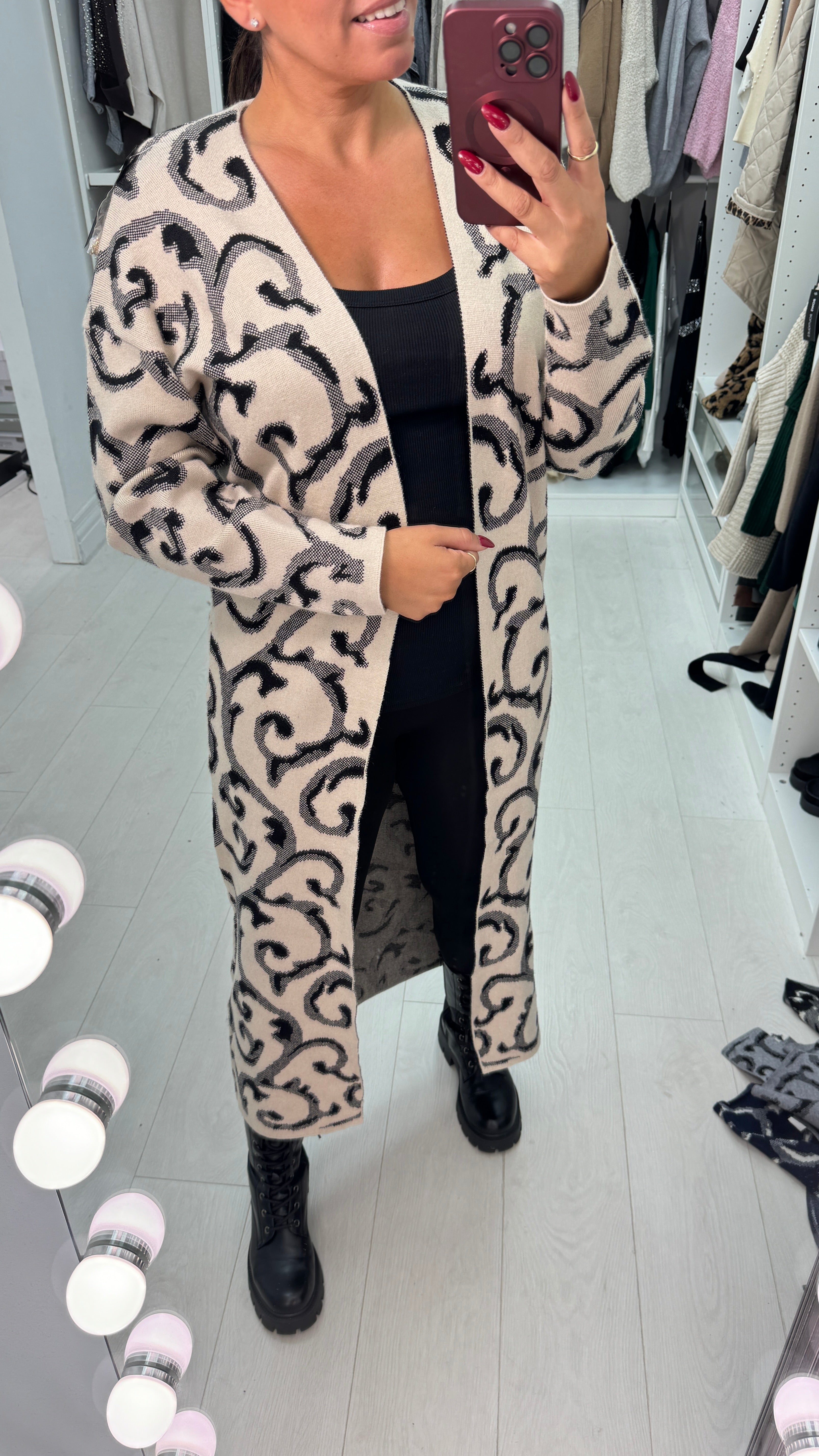 Aldoree Abstract Print Brooch Detail Longline Cardigan