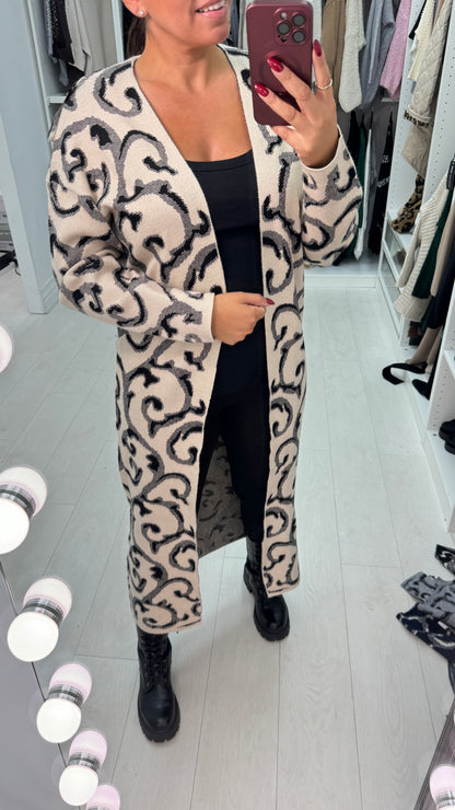 Aldoree Abstract Print Brooch Detail Longline Cardigan