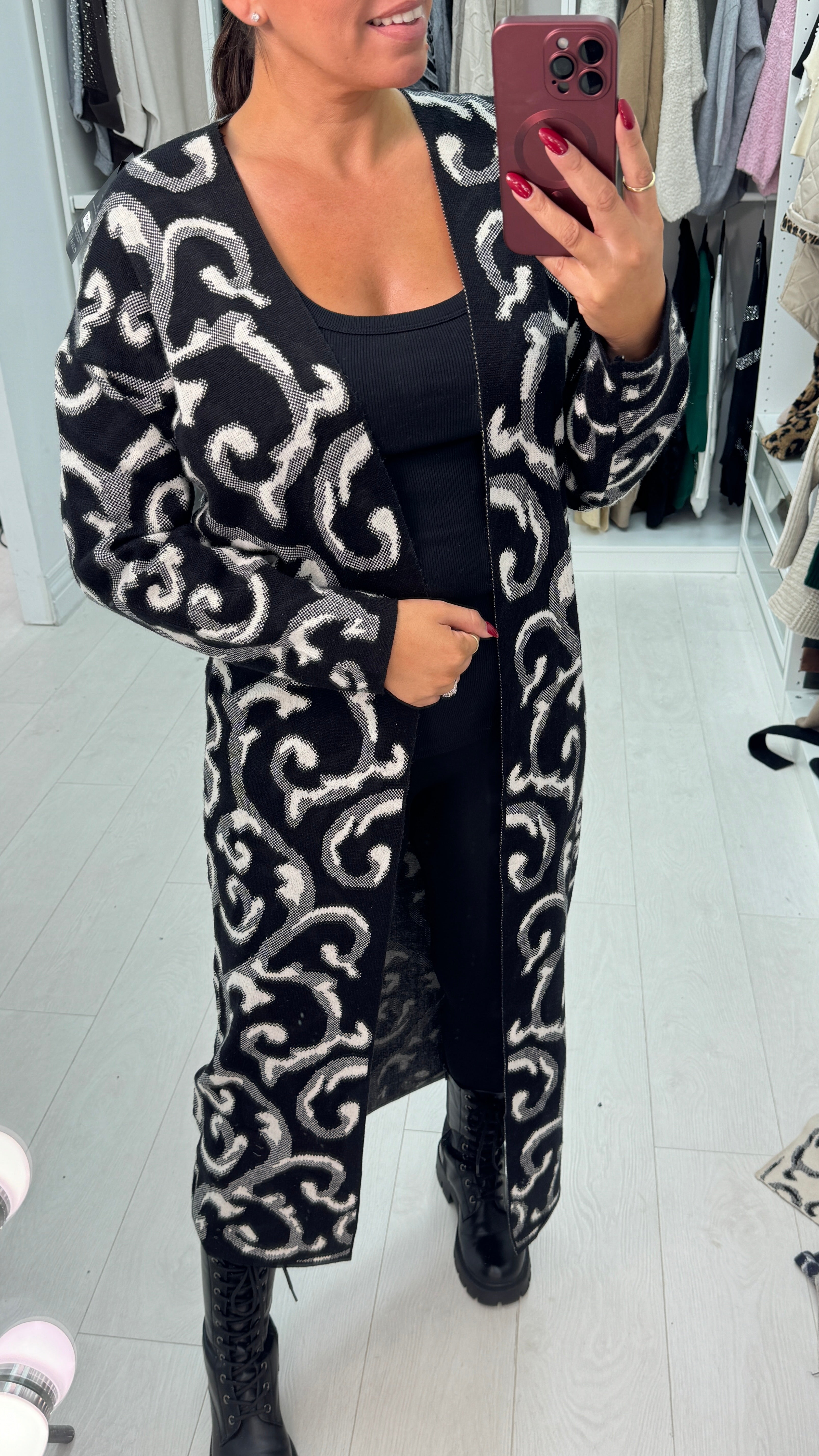 Aldoree Abstract Print Brooch Detail Longline Cardigan