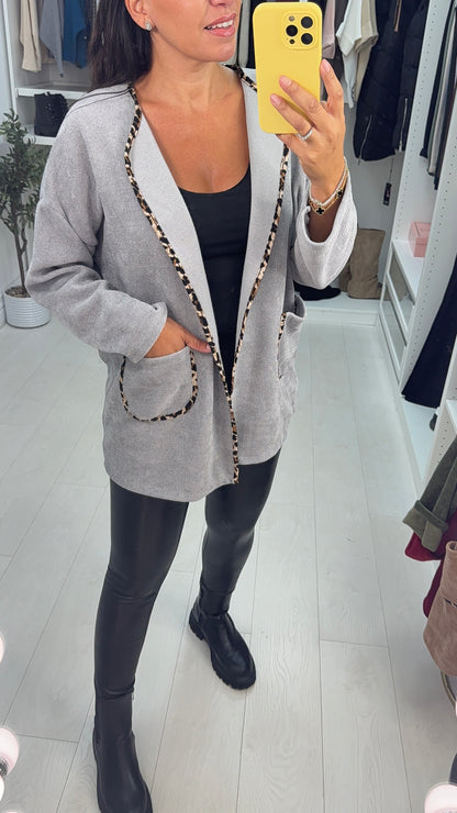 Dani Plain Leopard Print Trim Corduroy Open Front Cardigan