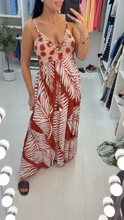 Avaline Embellished Crochet Bust Leaf Print Maxi Dress