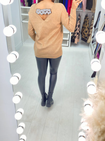 Liselle Gem Flower Cut Out Back Detail Knit Top