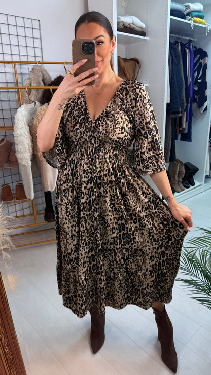 Destiny Leopard Print Shirred Waist Magic Maxi Dress