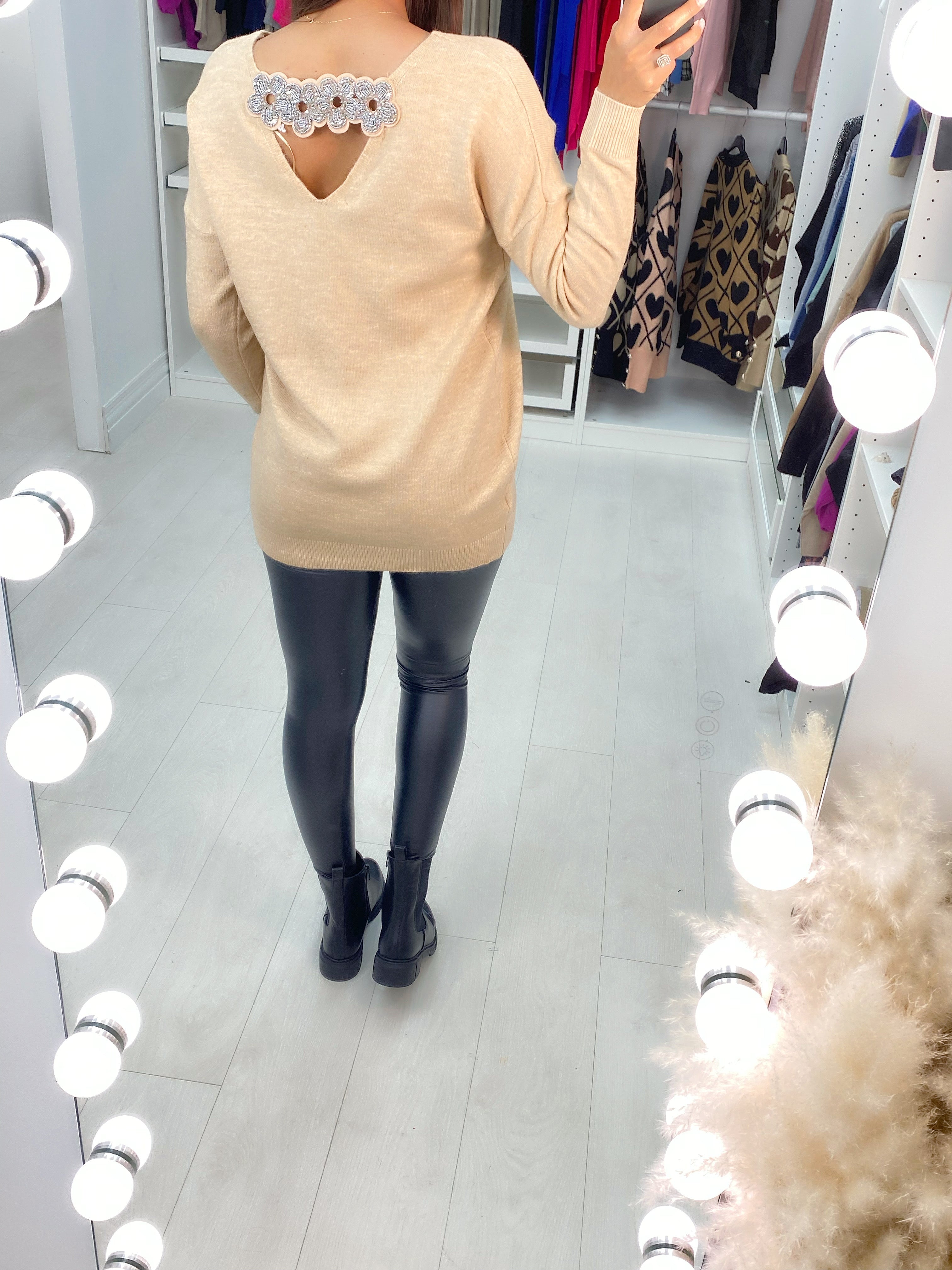 Liselle Gem Flower Cut Out Back Detail Knit Top