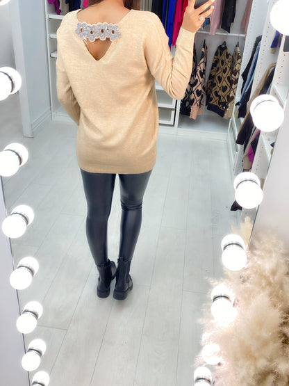 Liselle Gem Flower Cut Out Back Detail Knit Top