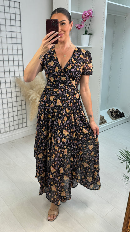 Urelia Floral Print V Neck Floaty Maxi Dress