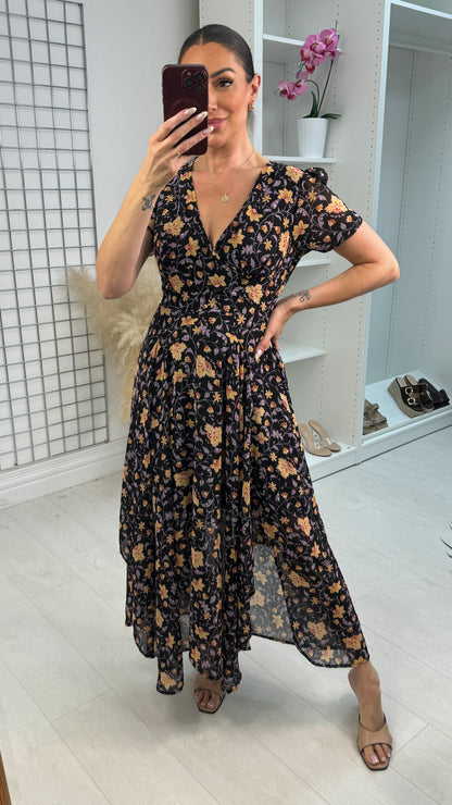 Urelia Floral Print V Neck Floaty Maxi Dress