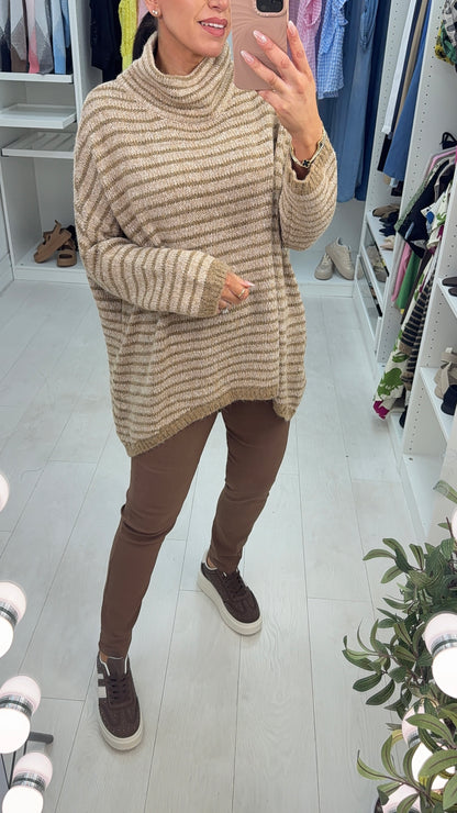 Johanna Striped High Neck Dipped Hem Jumper