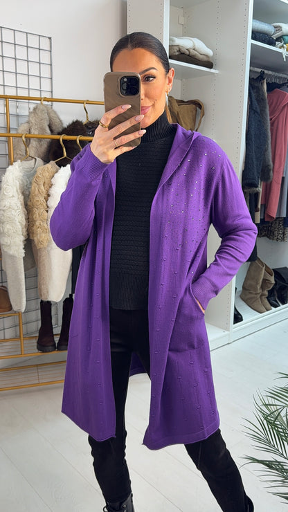 Vicky Plain Diamante Detail Open Front Longline Cardigan