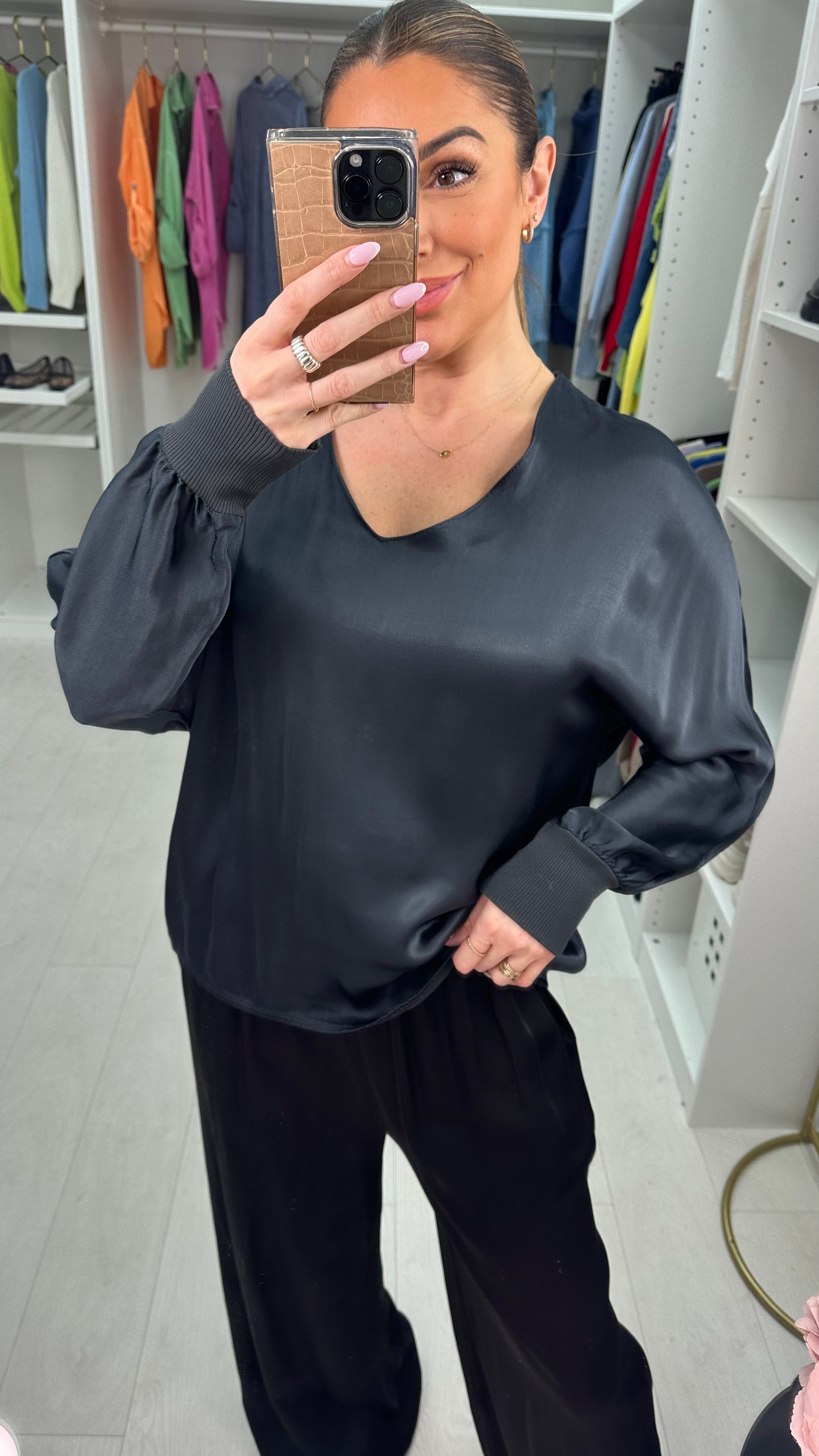 Catherine Plain V Neck Satin Top