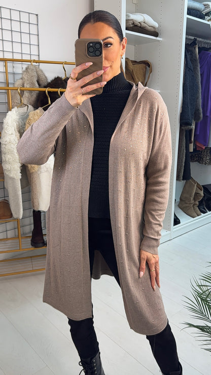 Vicky Plain Diamante Detail Open Front Longline Cardigan