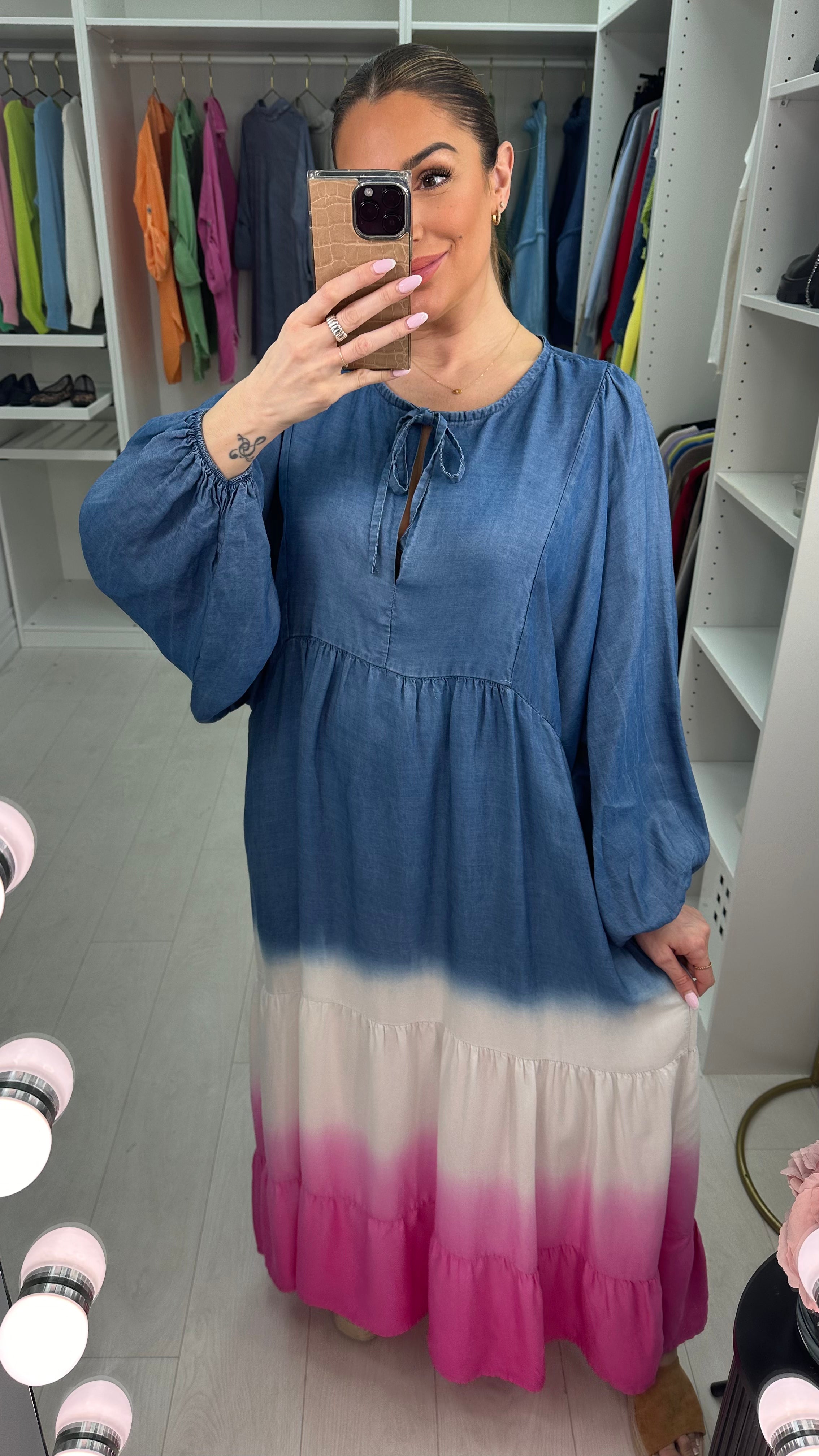 Janette V Neck Tiered Hem Denim Ombre Maxi Dress