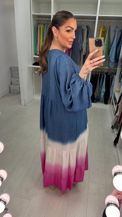 Janette V Neck Tiered Hem Denim Ombre Maxi Dress