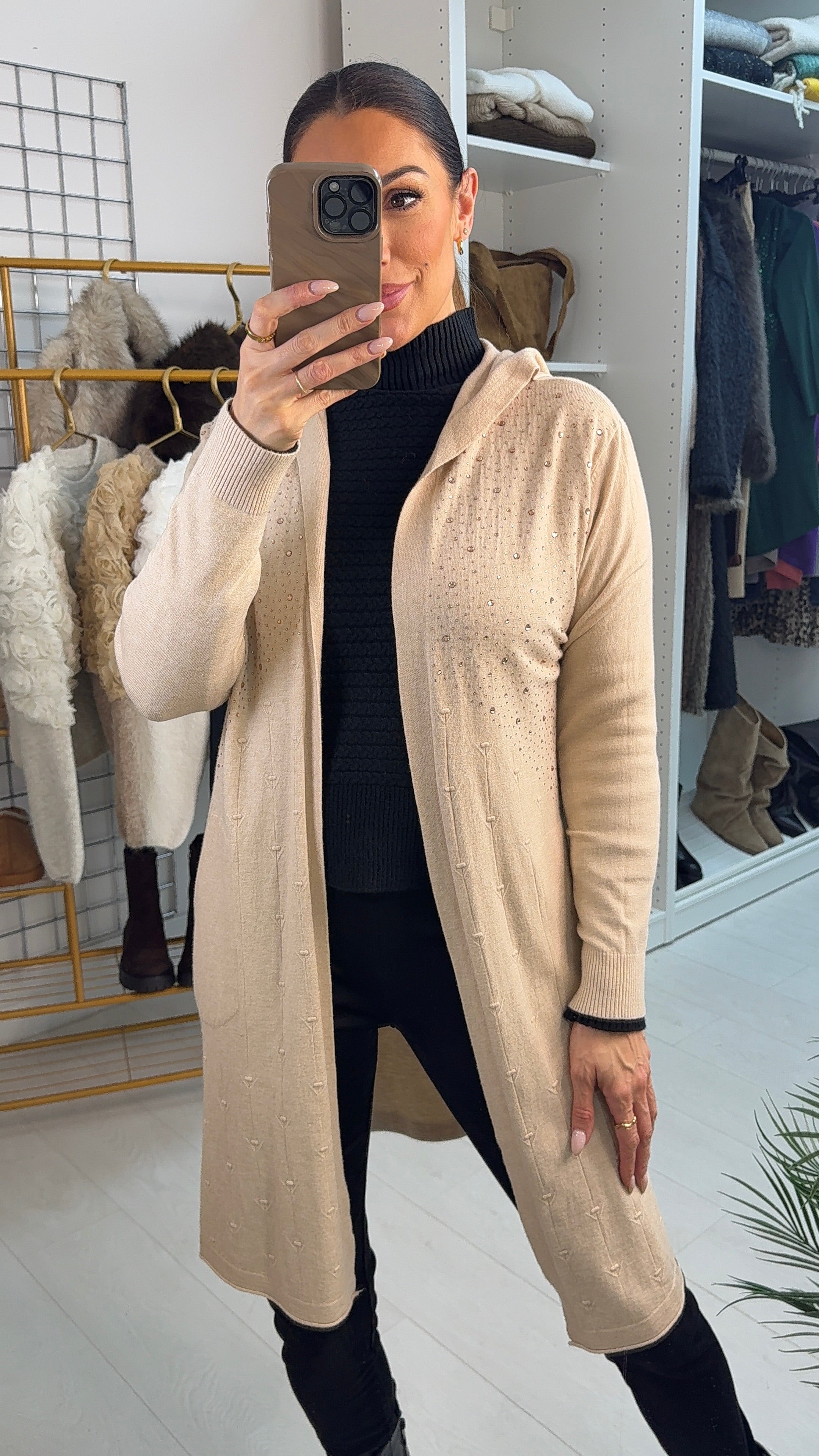 Vicky Plain Diamante Detail Open Front Longline Cardigan