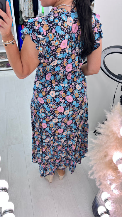Arielle Multi Floral Print Ruffle Hem Maxi Dress