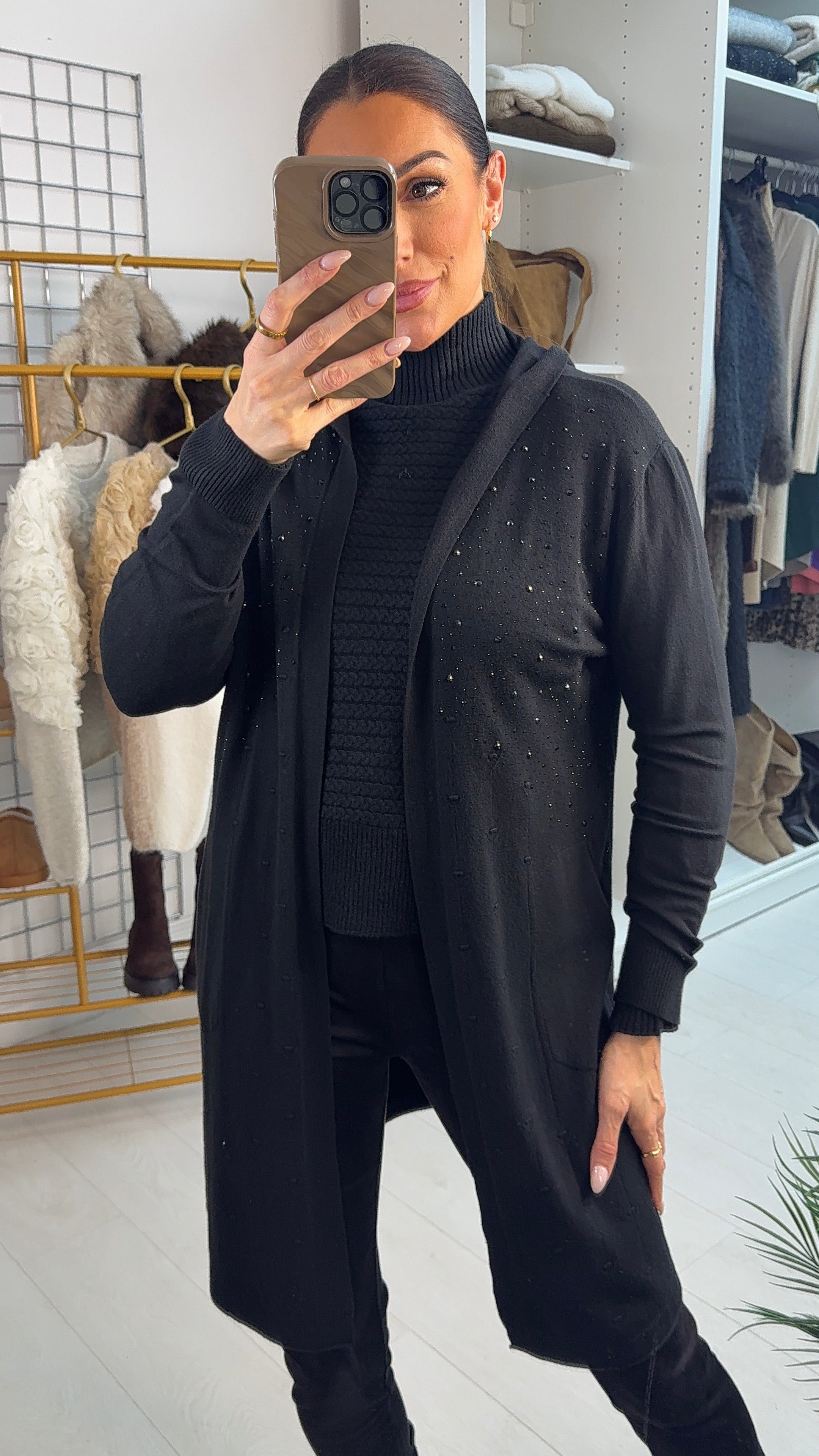 Vicky Plain Diamante Detail Open Front Longline Cardigan