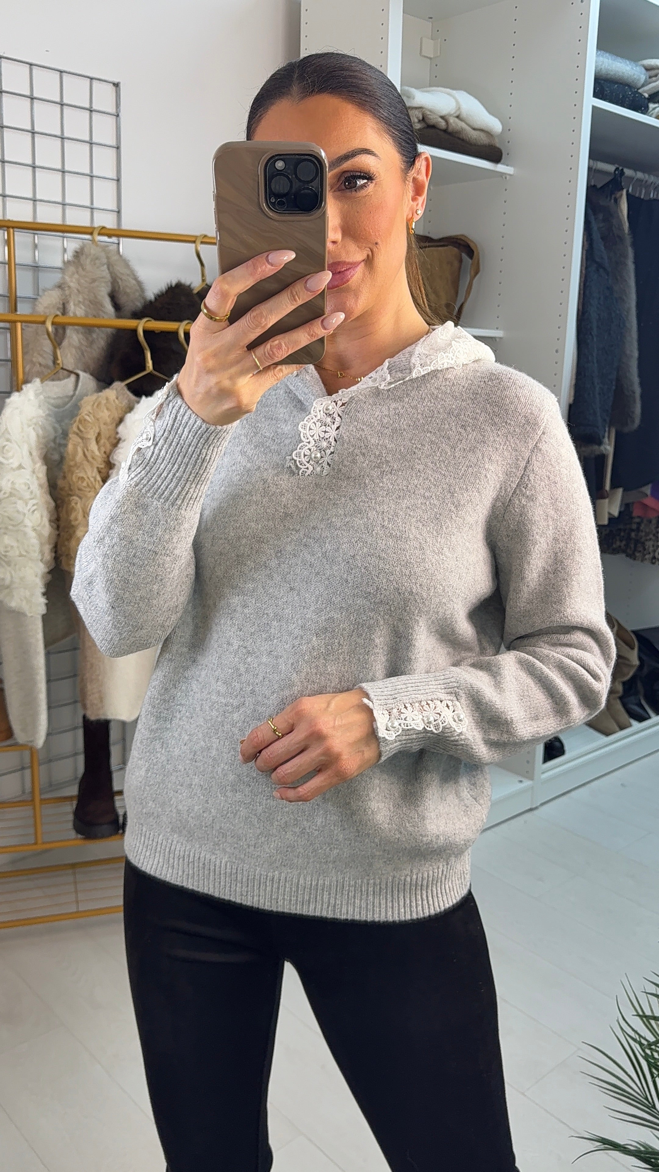 Karrie Plain Lace Hooded Knit Jumper