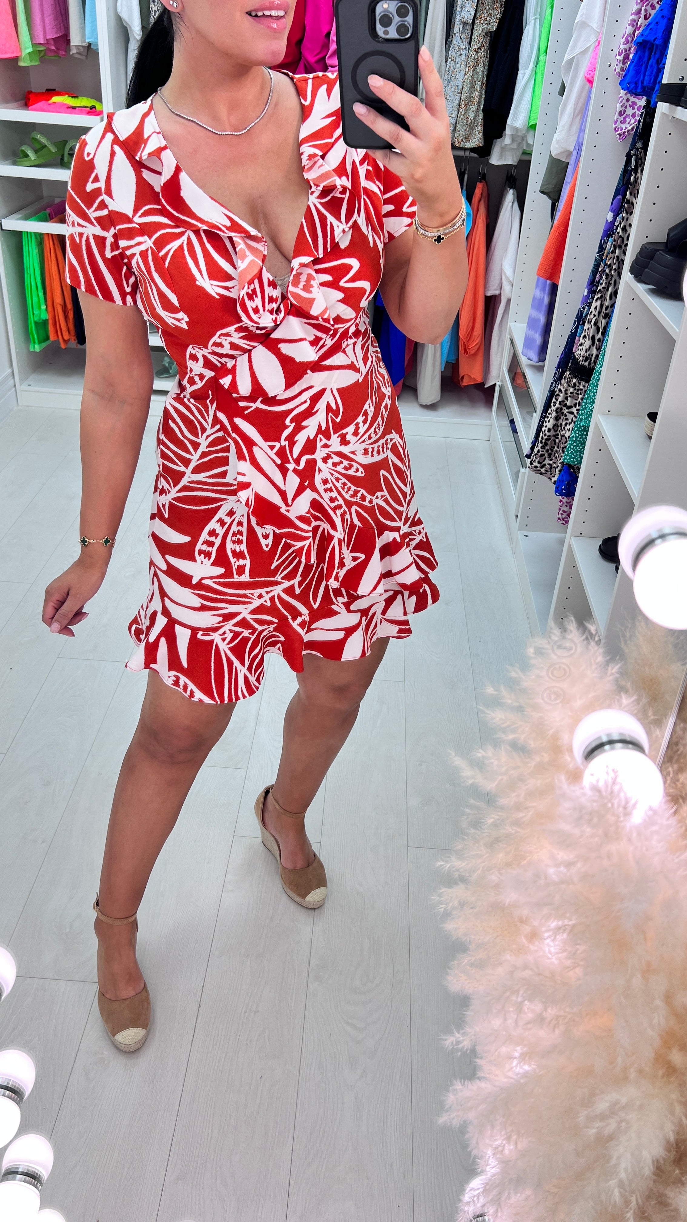 Greer Rust Abstract Leaf Print Ruffle Dress