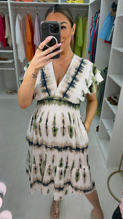 Tayah Abstract Print Deep V Neck Midi Dress