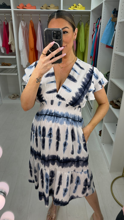 Tayah Abstract Print Deep V Neck Midi Dress