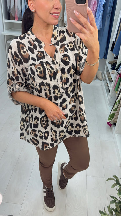 Albertina Leopard Print Dipped Hem Loose Fit Top