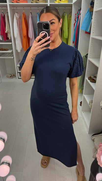 Lucie Plain Broderie Ballon Sleeve Dress