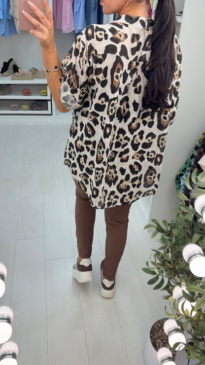 Albertina Leopard Print Dipped Hem Loose Fit Top