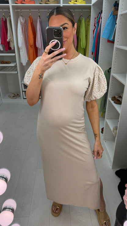 Lucie Plain Broderie Ballon Sleeve Dress