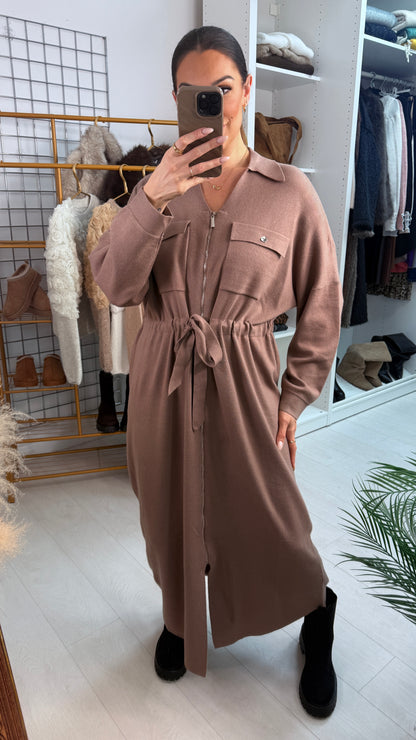 Laurin Plain Zip Front Tie Waist Maxi Jumper Dress