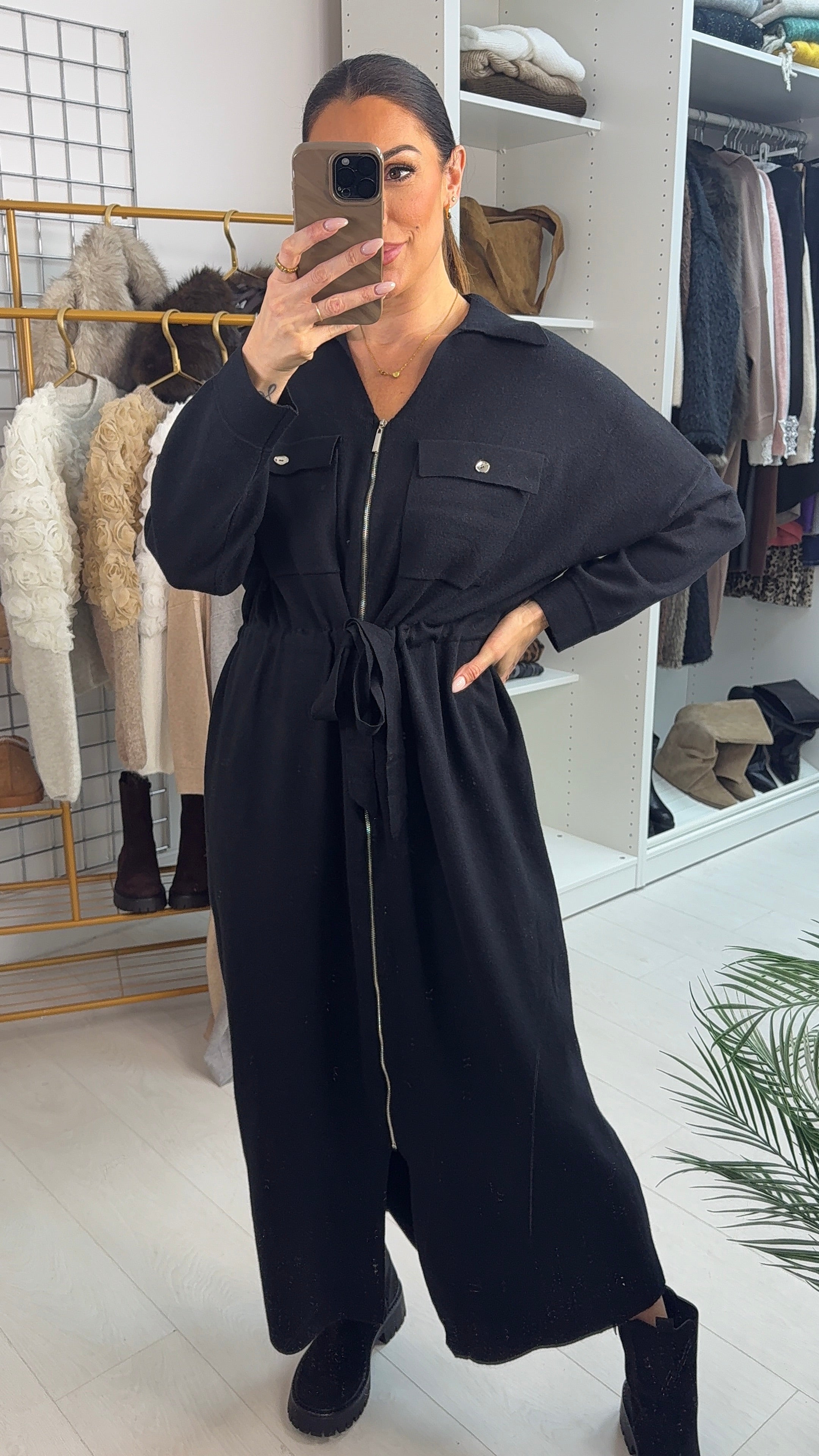 Laurin Plain Zip Front Tie Waist Maxi Jumper Dress