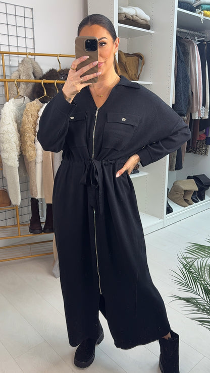 Laurin Plain Zip Front Tie Waist Maxi Jumper Dress