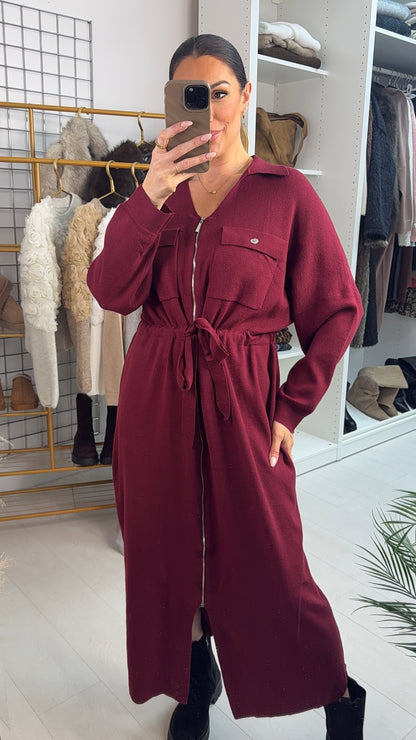 Laurin Plain Zip Front Tie Waist Maxi Jumper Dress