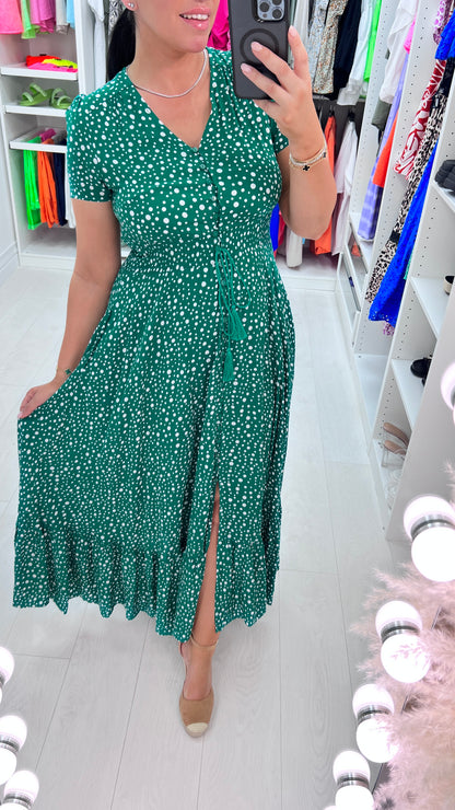 Ajda Emerald Polka Print Frill Hem Maxi Dress