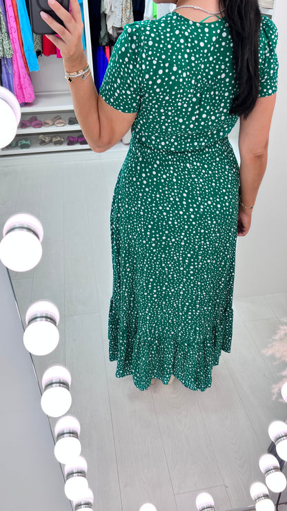 Ajda Emerald Polka Print Frill Hem Maxi Dress