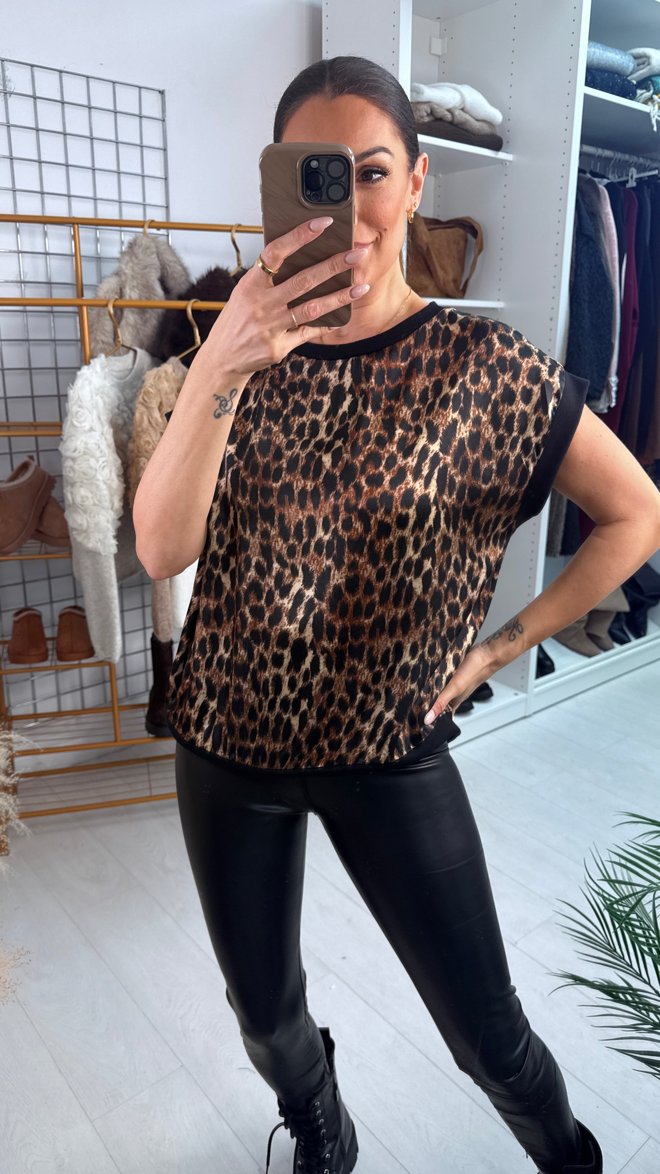 Ranita Leopard Print Round Neck Satin Top