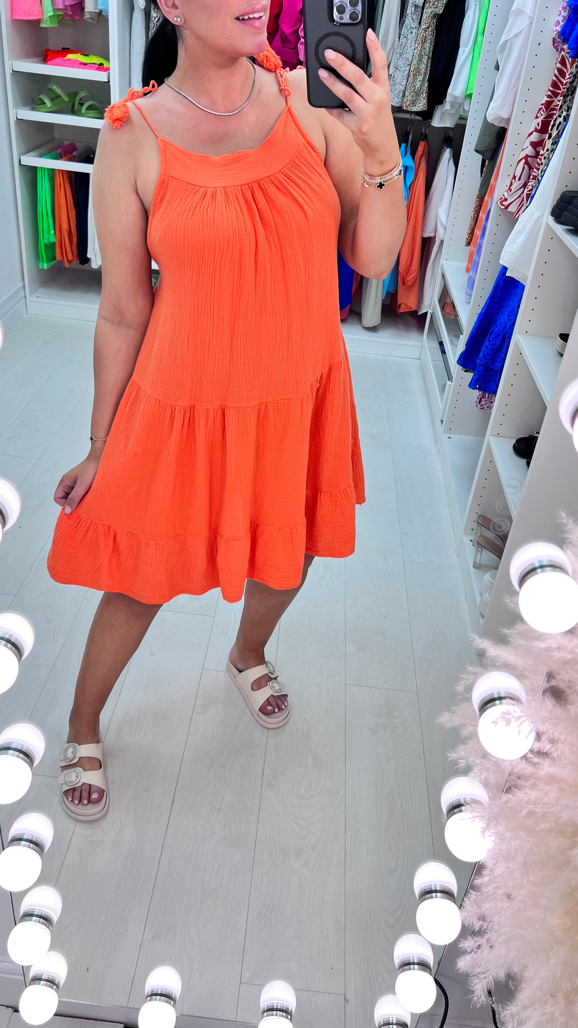 Marigold Cheesecloth Tie Strap Tiered Hem Dress