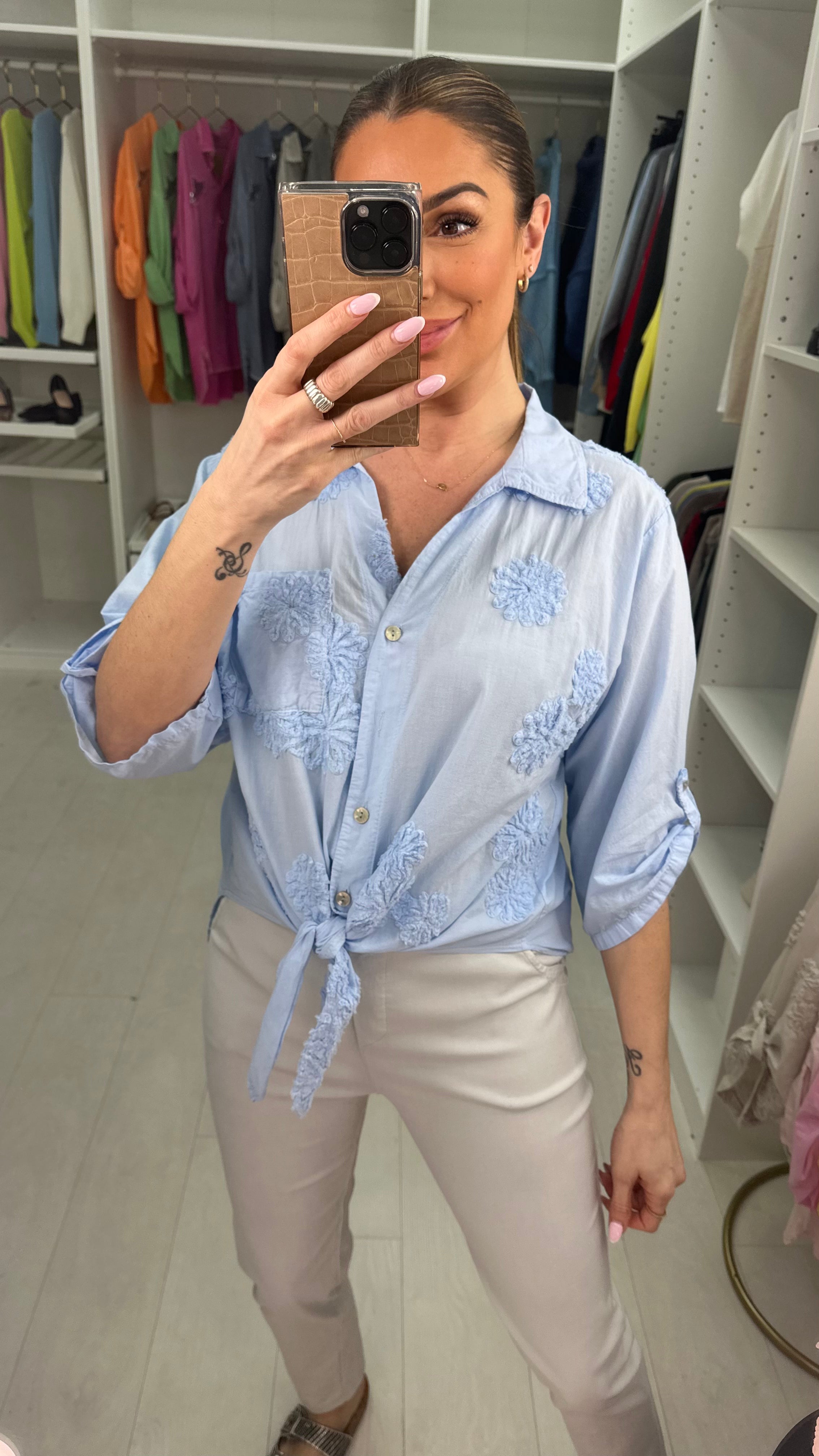 Valerey Floral Dipped Hem Tie Front Shirt