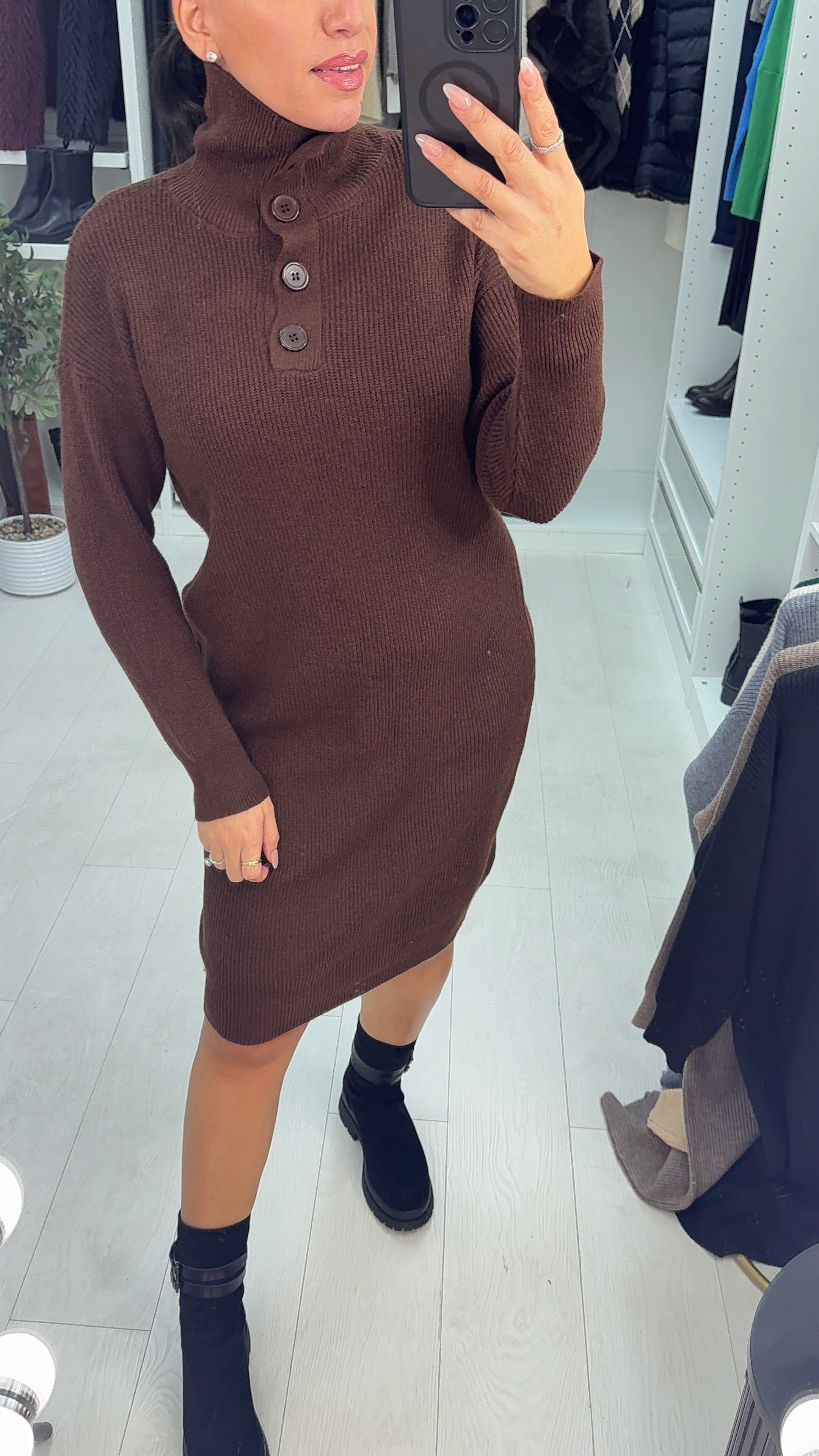 Viola High Neck Button Detail Jumper Dress