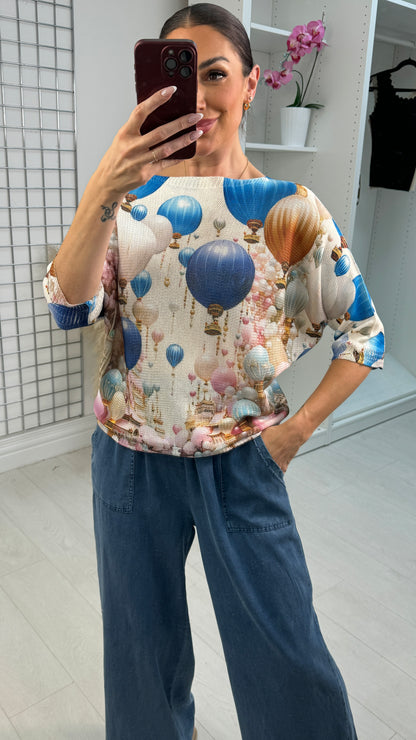Savia Hot Air Ballon Print Batwing Top