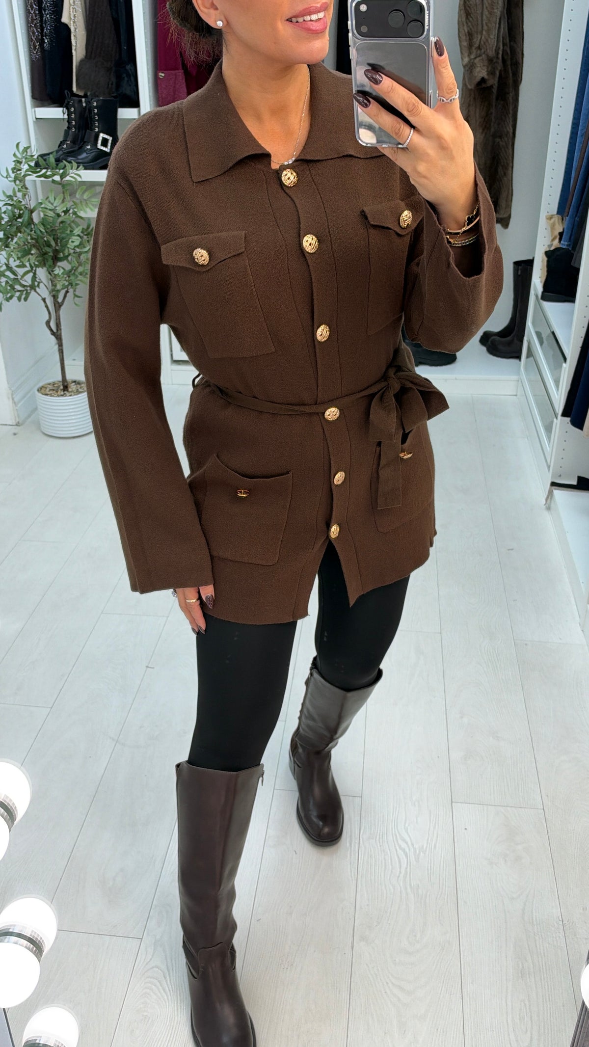 Danela Button Front Belted Longline Collared Jumper