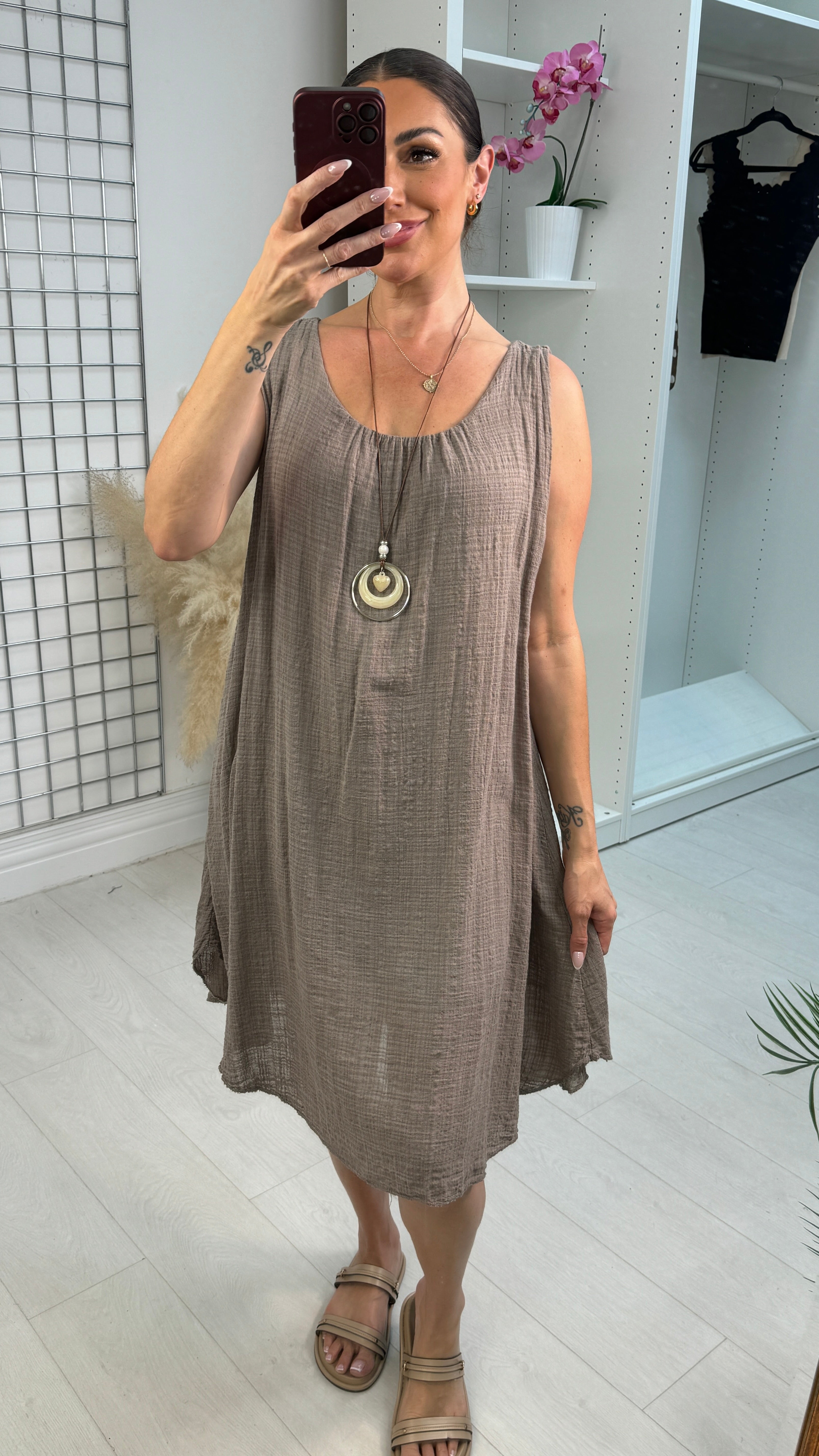 Kelice Plain Loose Fit Floaty Midi Necklace Dress